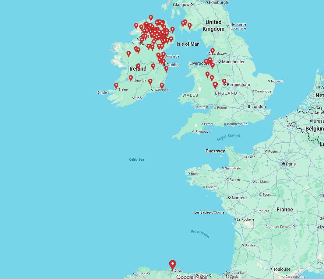 Map showing Ireland, UK, and Europe coverage